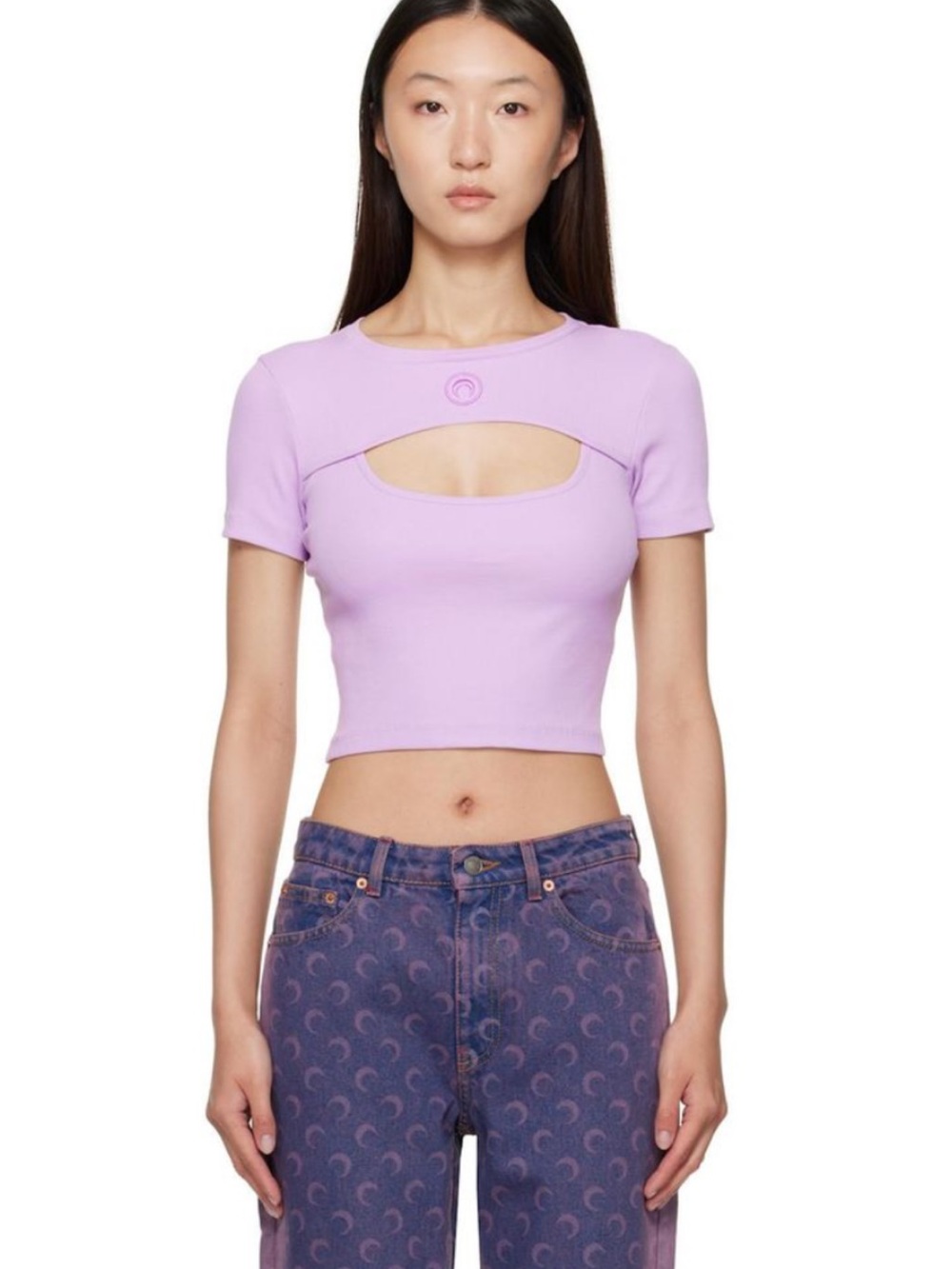 Marine Serre Purple Moon Logo Ribbed Jersey Cut-Out T-Shirt